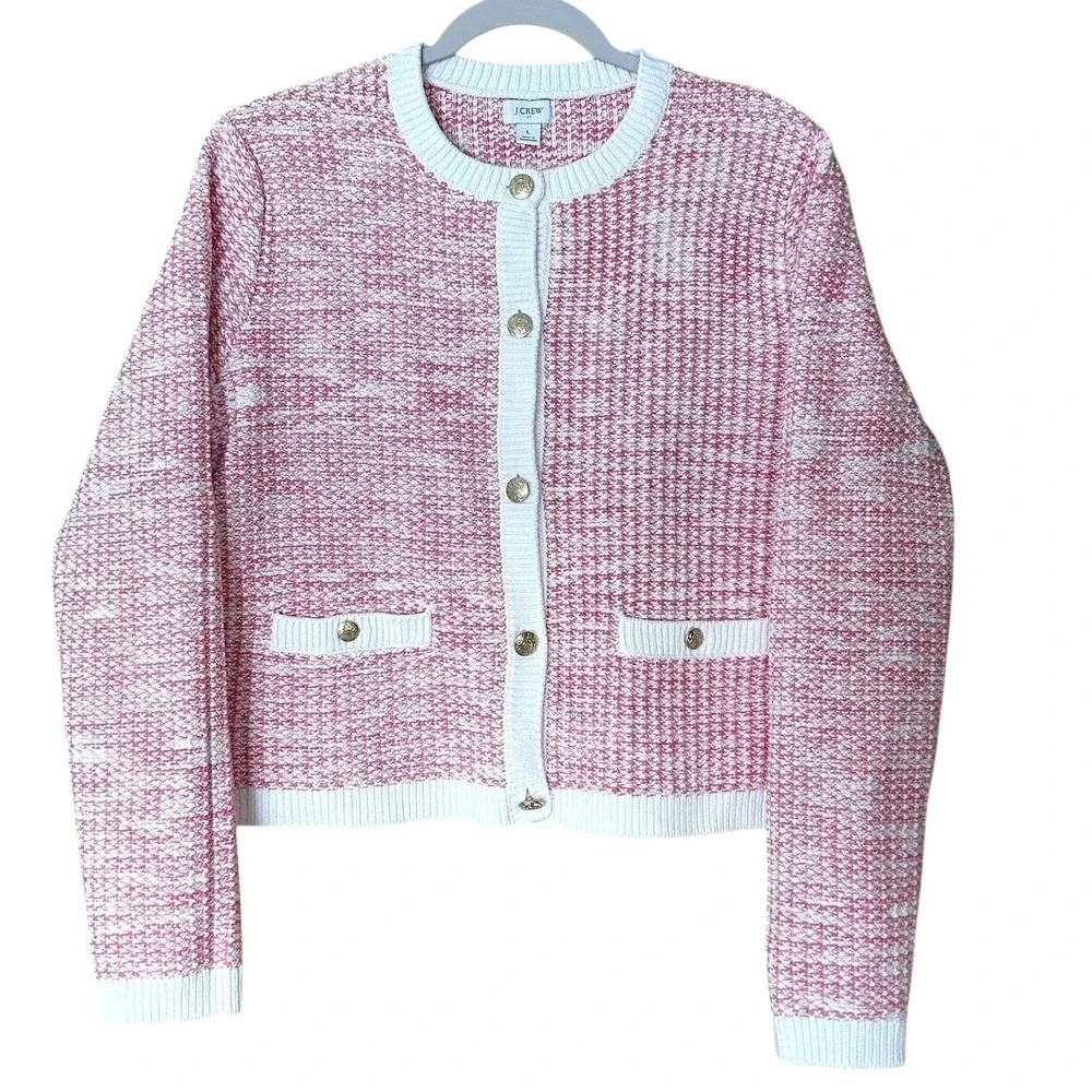 J.Crew Lady Cardigan Sweater‎ Womens Size L Pink White Tweed Knit Gold Buttons